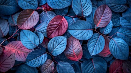 Fototapeta premium red and blue leaves cluster on the right; left side holds red and blue leaves