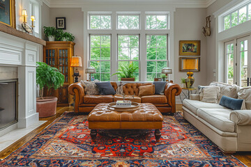 Eclectic interior design with area rugs