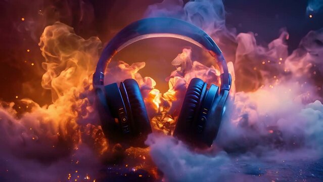 Headphones engulfed in colorful smoke, creating a dramatic and abstract visual.  Perfect for music, audio, or technology themes.