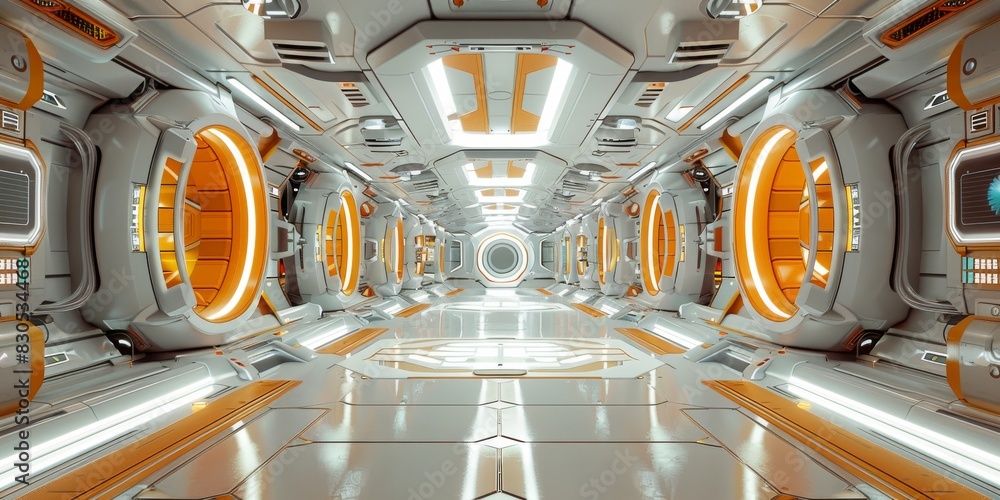 Aufkleber sci-fi hub module interior, orange-white color scheme, minimalistic. generative ai.