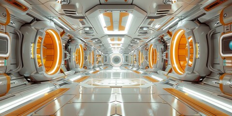 Sci-fi hub module interior, orange-white color scheme, minimalistic. Generative AI.