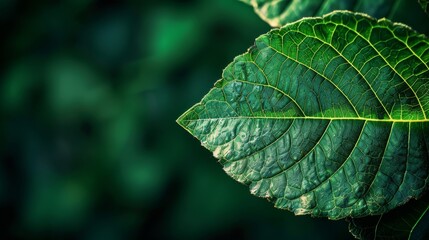  A tight shot of a green leaf dotted with water droplets, background softly blurred with neighboring green leaves