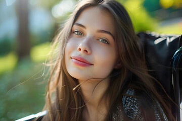 Fototapeta premium Young woman in a wheelchair spending time in nature. Beautiful brunette girl with disability outdoors at a park in summer