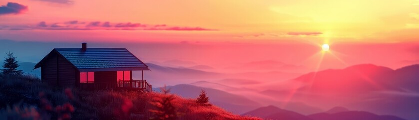 Obraz premium Close-up of a mountain sunrise with a vivid sky, copy space, double exposure silhouette with a cabin