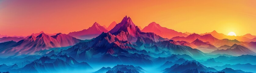 Fototapeta premium Mountain sunrise with vibrant sky close up, focus on, copy space, Double exposure silhouette with a cabin