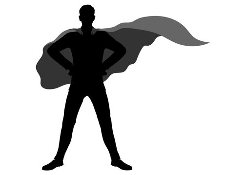 recommend clip art: 腰に手をあてマントを着けたヒーローポーズのサラリーマン男性のモノクロシルエット 全身正面のイラスト