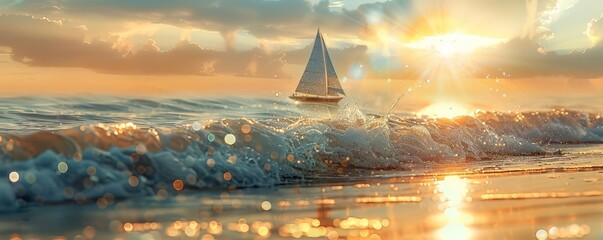 Close-up of a sunset beach with sparkling sea; double exposure; copy space; silhouette of a sailboat - Powered by Adobe
