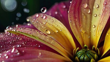 Close up of raindrops on beautiful colorful vibrant flower petals