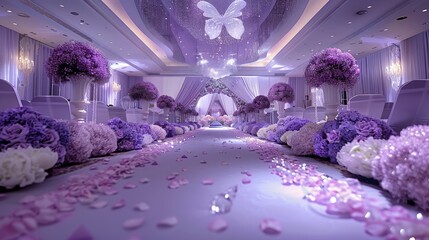 A large wedding hall decorated in purple and silver, with purple flowers and exquisite lace...