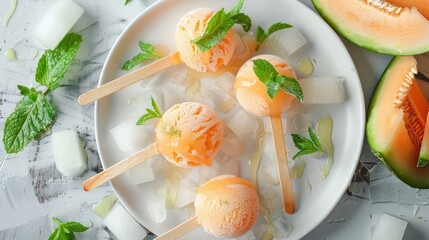 Frozen treats made with melon ice cream fruity sorbet lollipops and homemade gelato skewers accompanied by fresh cantaloupe slices and mint leaves