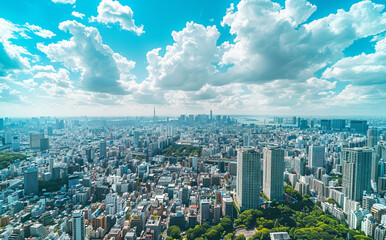 Fototapeta premium Photo of Japan, Tokyo skyline view from above with blue sky and white clouds, cityscape view of skyscrapers buildings on modern urban background, aerial view, high resolution photography 