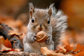 A baby squirrel holding a nut in its paws, looking curious