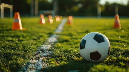 Soccer ball on the grass near traffic cones, with a blurred background of a green field with white lines. Generative AI.