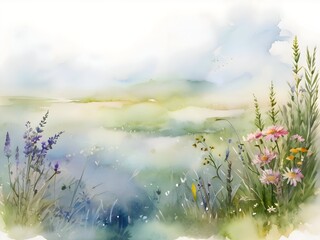 Meadow Flower Field Landscape Watercolor Art