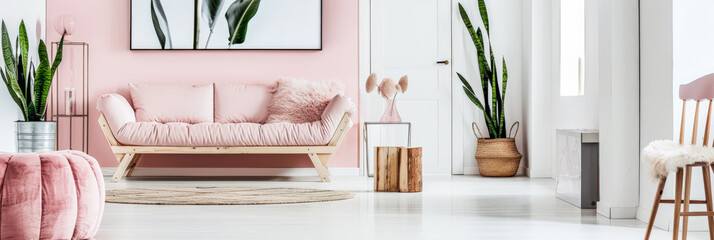 Beautiful interior design composition in minimalist fashion with pink tones, minimal furniture and copyspace for text.