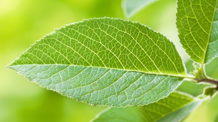 Obraz premium A tight shot of a green leaf on a branch against a softly blurred foreground of leaves, and a similarly blurred background of leaves