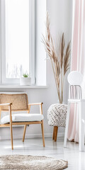 Beautiful interior design composition in minimalist fashion with pink tones, minimal furniture and copyspace for text.