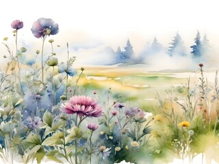 Meadow Flower Field Landscape Watercolor Art