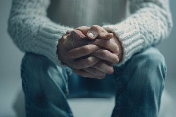 Close up of hands holding a painful knee joint, a man's leg is wounded and shoulders are shown, a closeup of a hand, sitting down against a grey background, wearing a white sweater and blue jeans, spa - Powered by Adobe
