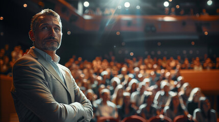 Business casual dressed middle-aged handsome man is standing on a stage, looking straight at the camera and posing confidently. In background the crowd of people is watching the show. Generative AI. - Powered by Adobe