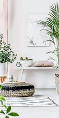 Beautiful interior design composition in minimalist fashion with pink tones, minimal furniture and copyspace for text.