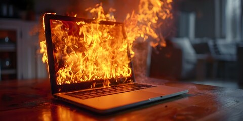 Laptop Ignited by Faulty Lithium Battery Leading to Thermal Runaway. Concept Lithium Battery Hazards, Laptop Safety, Thermal Runaway Risks, Tech Device Fires