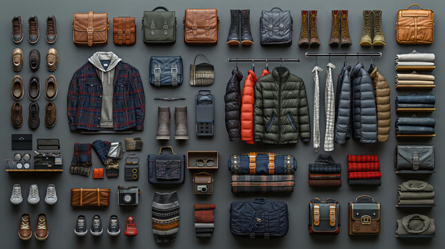 Organized Display layout of clothes and accessories captured in a captivating 3D knolling graphic for men.