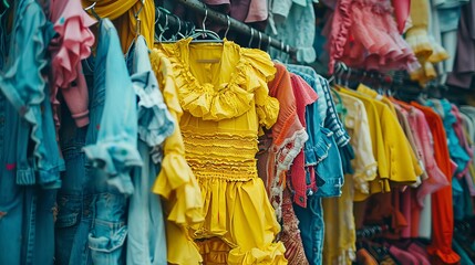A rack of clothes with a yellow dress in the middle