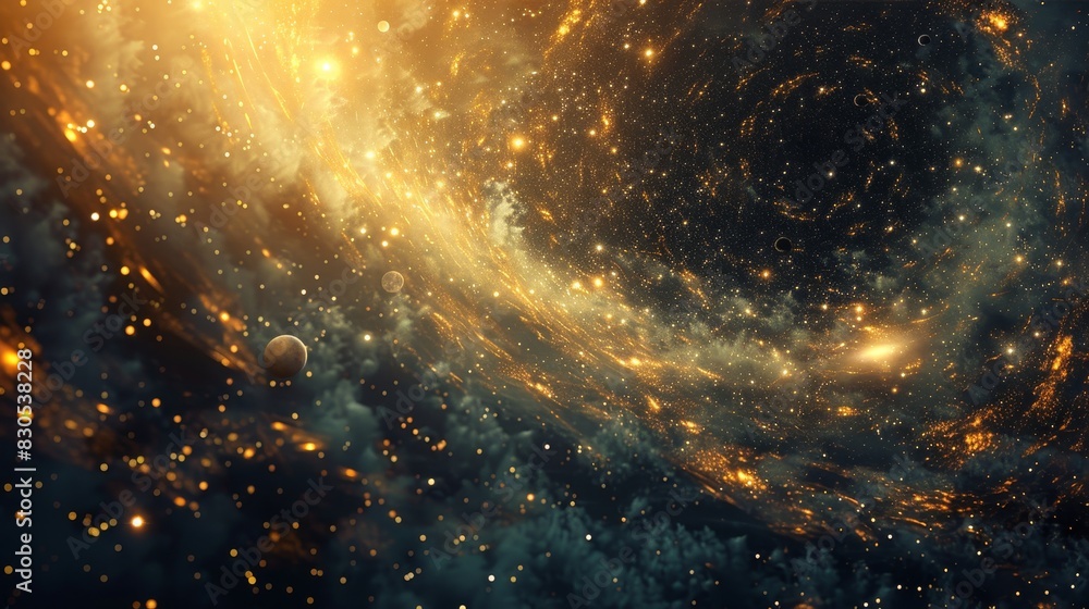Canvas Prints a space scene with a spiral galaxy and a planet