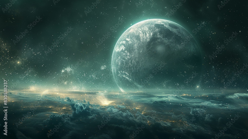 Poster a large planet is floating in space with a blue sky and clouds