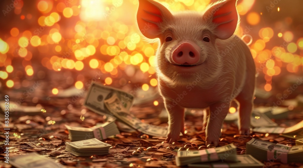 Sticker an adorable piglet stands among piles of cash with money raining down, illustrating wealth and savin