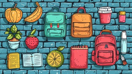 Back to school elements and fruits on blue background