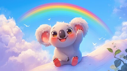 Adorable baby koala perched on a rainbow in a children s illustration