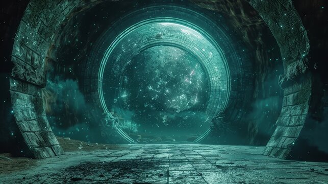 A large, green, circular tunnel with a blue sky above it