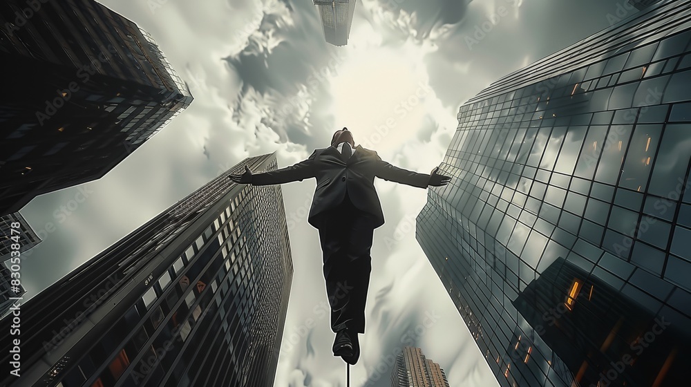 Poster A manager in a formal suit, carefully traversing a tightrope between two skyscrapers, low angle view. Generative AI.