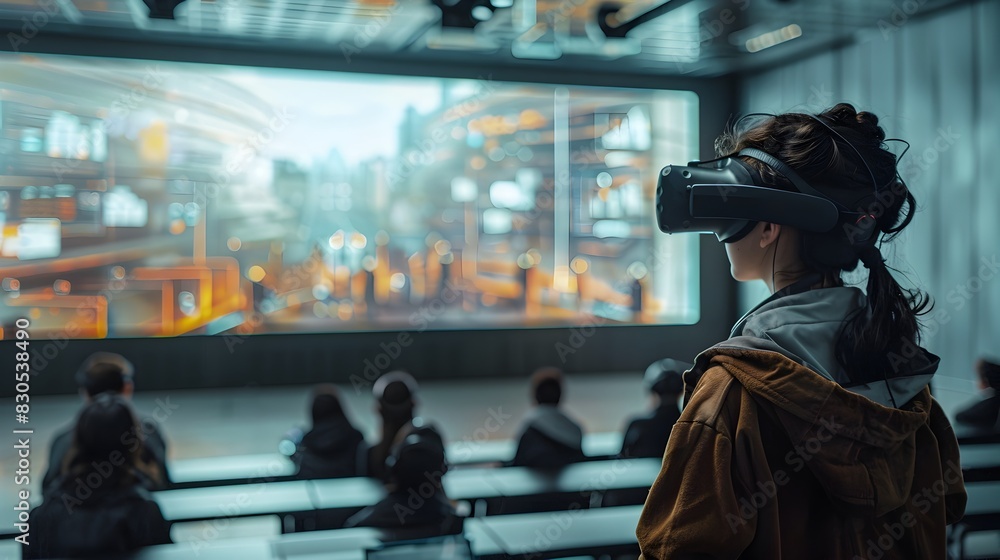 Poster immersive virtual reality classroom where global students attend interactive history lecture