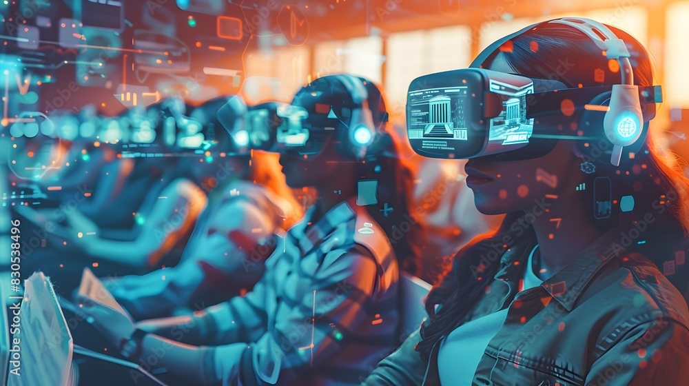 Poster virtual reality history classroom with global students attending immersive digital lecture