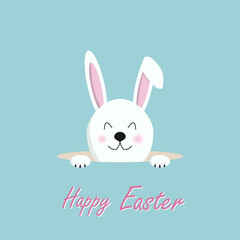 Happy Easter text with rabbit pokes his head out of the hole on green background for postcard, card, invitation, poster, banner template lettering typography. Seasons Greetings. vector illustration