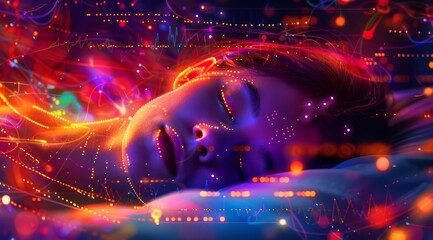 The image shows a resting woman with dynamic and colorful light waves resembling a dream