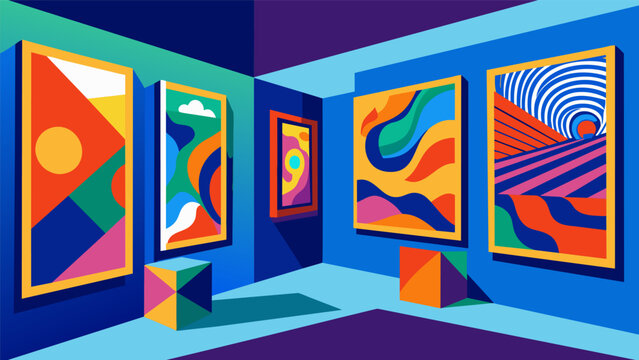 In one corner a collection of abstract paintings caught my eye the bold colors and intricate patterns drawing me in and leaving me in awe of the students skills.. Vector illustration