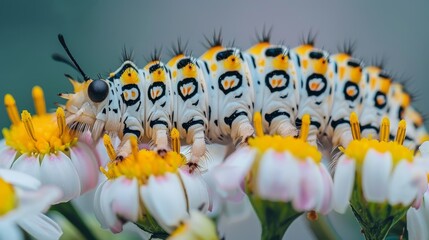 Obraz premium A gathering of white and yellow caterpillars atop white and yellow blooms against a multicolored backdrop, featuring black, white, and yellow hues