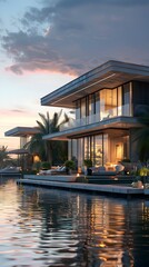 Obraz premium Luxurious Waterfront Villas with Private Docks and Floor to Ceiling Windows Architectural Design Concepts