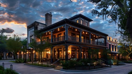 Fototapeta premium Charming Historic Boutique Hotel with Local Architectural Flair at Dusk