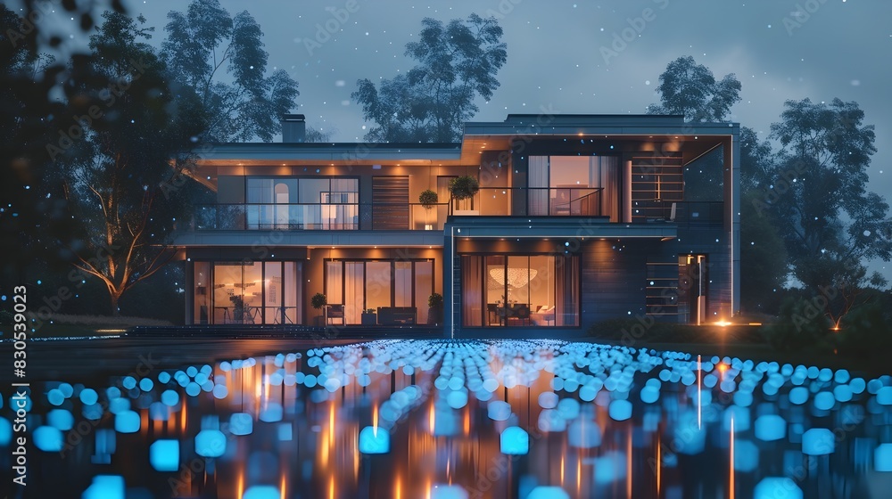 Poster illuminated automated smart home in serene tech driven community