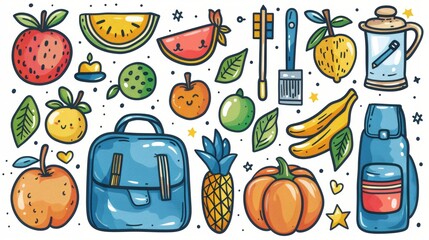 Back to school elements and fruits on white background