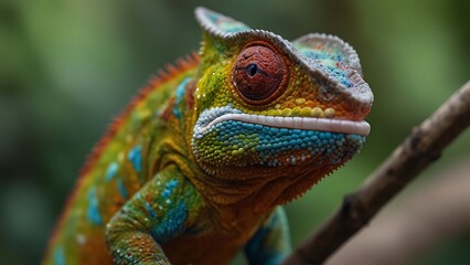 portrait of a green iguana relaxing on a tree trunk
