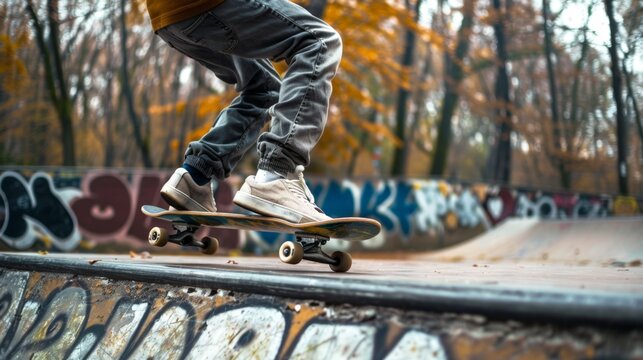 Skater Performing Tricks at an Urban Skatepark During Autumn
