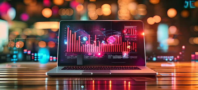 Laptop with dashboard on wooden table, graphs and charts for business data analysis concept. 