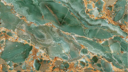  A tight shot of a marbled surface, featuring intricate green and gold veins at its edges