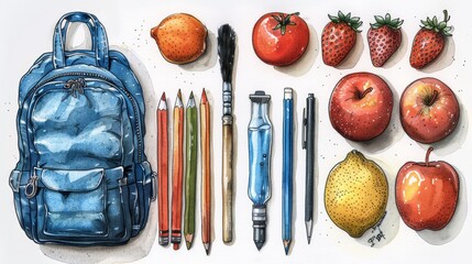 Back to school elements and fruits on white background